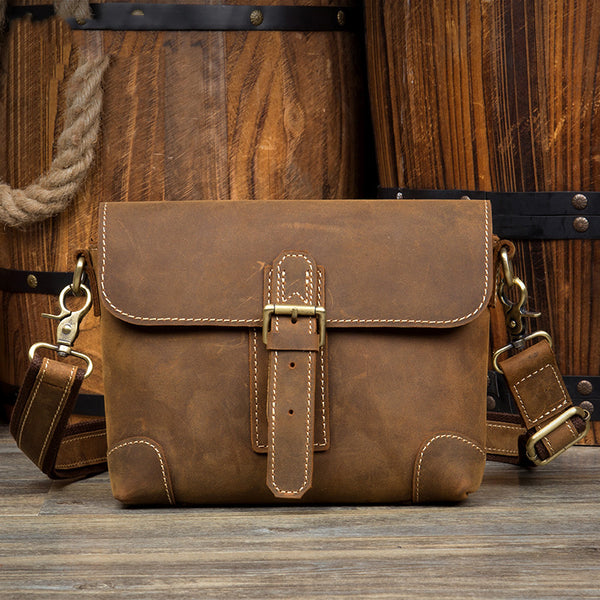 Cool Brown Leather 8 inches Mens Small Courier Bag Messenger Bags Postman Bags for Men - iwalletsmen