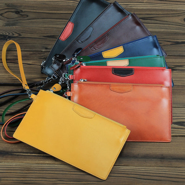 Oiled Leather Men's Yellow Ultra Slim Wristlet Wallet Zipper Multiple Purse Wallet Phone Bag For Men - iwalletsmen