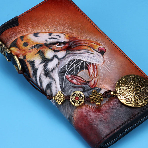 Handmade Leather Tooled Tiger Mens Chain Biker Wallet Cool Leather Wallet Long Clutch Wallets for Men
