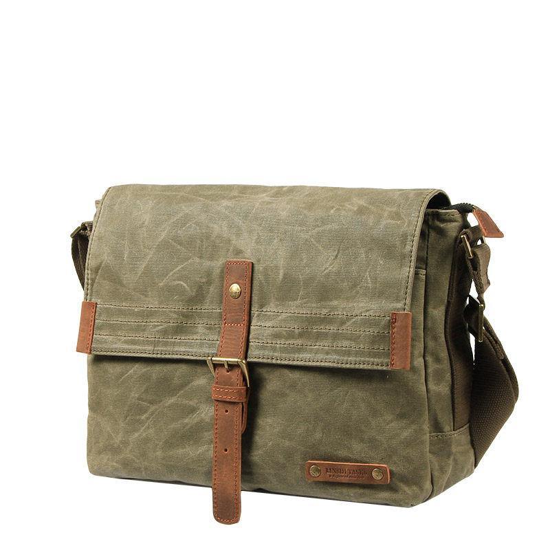 Fashion Waxed Canvas Leather Mens Army Green Side Bags Messenger Bags Khaki Casual Canvas Courier Bag for Men - iwalletsmen