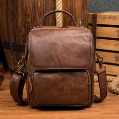 Cool Brown Leather 10 inches Vertical Small Briefcase Side Bags Messenger Bag Courier Bag for Men - iwalletsmen