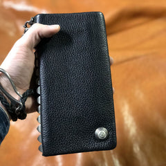 Genuine Leather Mens Cool Biker Chain Wallet Long Leather Wallet Clutch Wristlet Wallet for Men