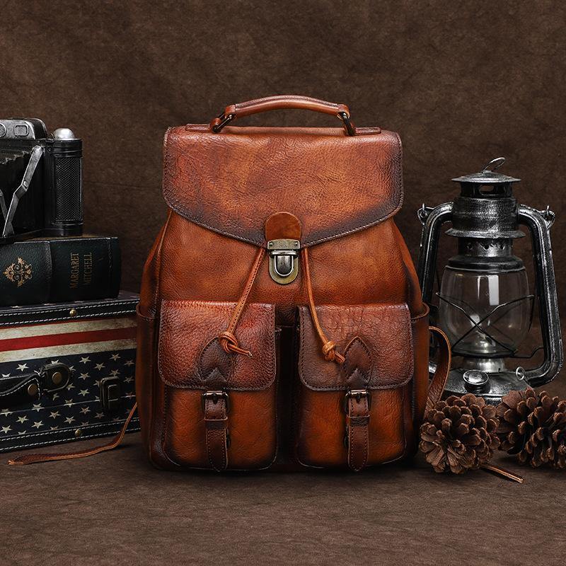 Casual Brown Mens Leather 13 inches School Backpack Satchel Backpack Brown Computer Backpack For Men - iwalletsmen