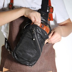 Handmade Genuine Leather Mens Cool Chest Bag Sling Bag Crossbody Bag Travel Bag Hiking Bag for men