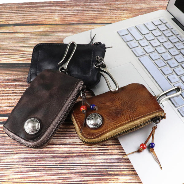 Vintage Mens Leather Key Wallet Zipper Key Holder Coin Wallet Change Pouch For Men - iwalletsmen