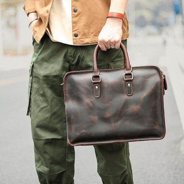 Vintage Dark Brown Leather Mens 14 inches Briefcase Black Work Briefcase Handbags For Men - iwalletsmen