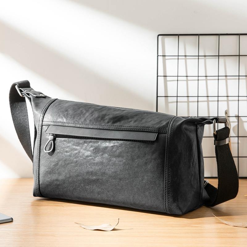 Casual Black Leather Mens 11 inches Side Bag Postman Bag Black Messenger Bags for Men - iwalletsmen