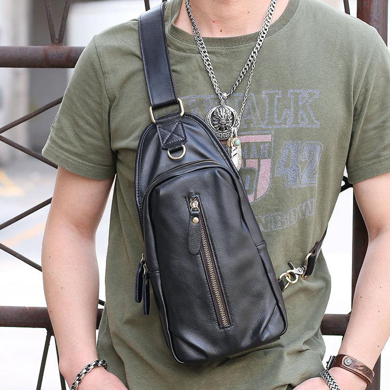 Black Cool Leather Mens Sling Bag Chest Bag Black One Shoulder Backpack For Men - iwalletsmen