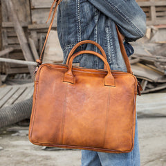 Vintage Brown Leather Mens 14 inches Briefcase Work Side Bag Brown Laptop Briefcase Business Bag for Men - iwalletsmen