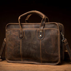 Cool Dark Brown Mens Leather 15 inches Large Briefcase Work Bag Side Bag Travel Handbag for Men - iwalletsmen