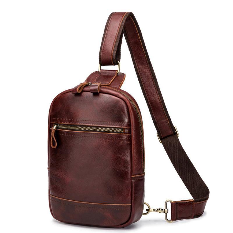 Brown Leather Men's Sling Bag Red Brown Chest Bag 8 inches One Shoulder Backpack For Men - iwalletsmen