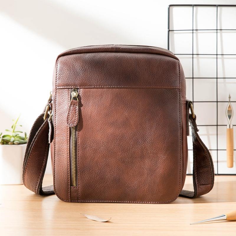 Cool Brown Leather Mens Vertical Side Bag Postman Bag Small Messenger Bags Courier Bag for Men - iwalletsmen