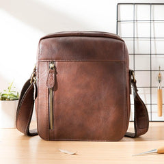 Cool Brown Leather Mens Vertical Side Bag Postman Bag Small Messenger Bags Courier Bag for Men - iwalletsmen