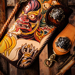 Handmade Leather Tooled Mahākāla Mens Chain Biker Wallet Cool Leather Wallet Long Clutch Wallets for Men