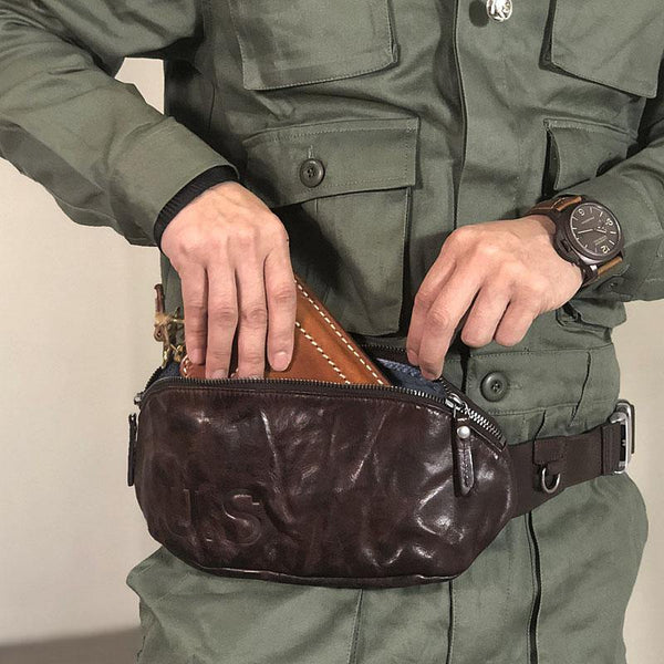 Black Cool Leather Men Fanny Pack Waist Bags Hip Pack Coffee Chest Bag Belt Bag Bumbag for Men - iwalletsmen