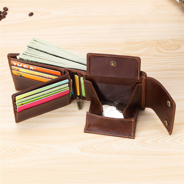 Cool Brown Leather Men's Trifold Small Wallet Multi-cards billfold Wallet For Men - iwalletsmen