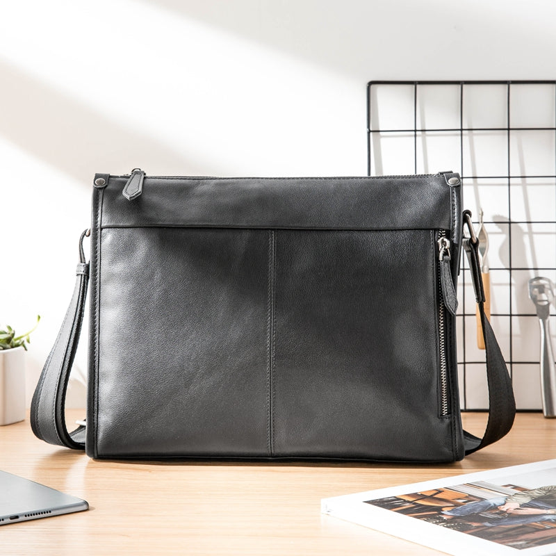 Fashion Black Leather Mens 12 inches Side Bag Messenger Bags Black Postman Bag Courier Bag for Men - iwalletsmen