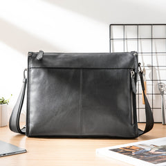 Fashion Black Leather Mens 12 inches Side Bag Messenger Bags Black Postman Bag Courier Bag for Men - iwalletsmen
