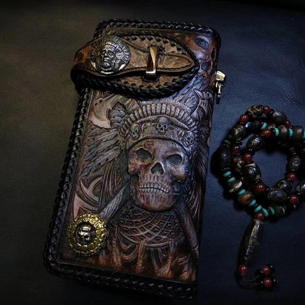 Badass Black Leather Men's Indian Chief Skull Biker Wallet Handmade Tooled Zipper Long Wallets For Men - iwalletsmen