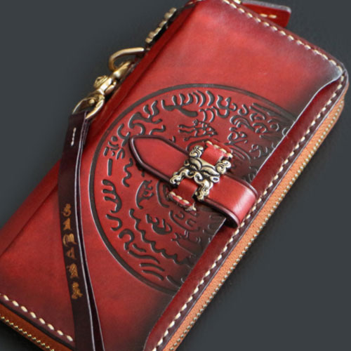 Handmade Mens Tooled Snow Lion Leather Chain Wallet Biker Trucker Wallet with Chain - iwalletsmen