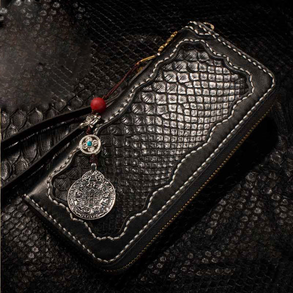 Handmade Leather Python Skin Mens Chain Biker Wallet Cool Leather Wallet Long Phone Wallets for Men - iwalletsmen