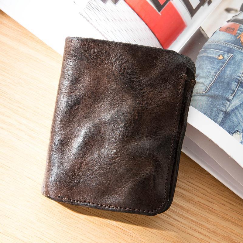 Dark Brown Wrinkled Leather Mens Front Pocket Card Wallets Bifold Vintage billfold Wallet Small Wallet for Men - iwalletsmen