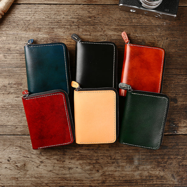 Handmade Cool Mens Leather Zipper Red Small Wallet Green Bifold billfold Wallet for Men - iwalletsmen