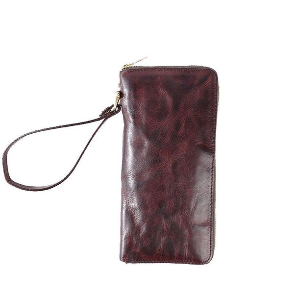 Cool Leather Mens Clutch Simple Brown Wallet Zipper Clutch Wristlet Phone Purse for Men - iwalletsmen
