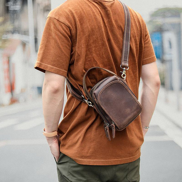 Dark Brown Leather Mens Casual Mini Courier Bag Messenger Bags Belt Bag Belt Pouch For Men - iwalletsmen