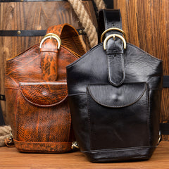 Black Leather Mens Cool Bucket Small Sling Bags Backpack Crossbody Pack Chest Bag for Men - iwalletsmen