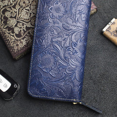 Handmade Leather Floral Mens Cool Travel Long Wallet Card Holder Card Slim Clutch Wallets for Men