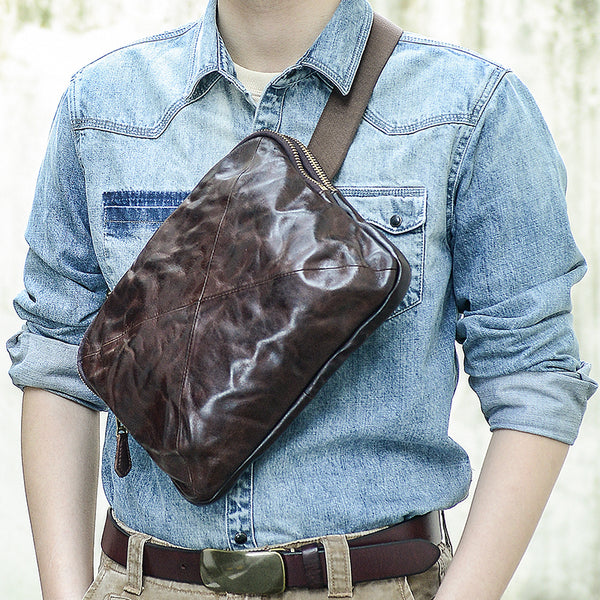 Cool Black Leather Men 10 inches Chest Bag Messenger Bag Courier Bags Postman Bag For Men - iwalletsmen