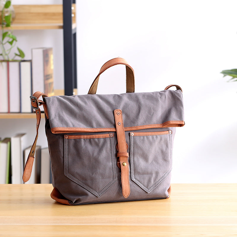 Canvas Leather Mens 13'' Khaki Side Bag Courier Bag Messenger Bag Black Shoulder Bag for Men - iwalletsmen