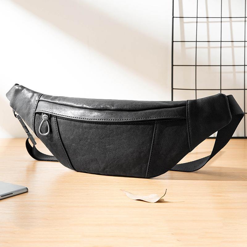 Fashion Black Leather Mens Chest Bag Sling Bag Black One Shoulder Backpack for Men - iwalletsmen