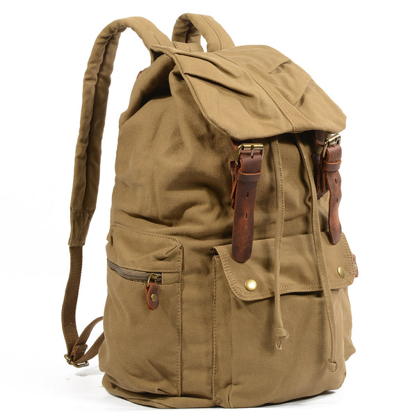 Khaki Canvas Mens Large 15'' Hiking Backpack Travel Backpack College Bag Computer Backpack for Men - iwalletsmen