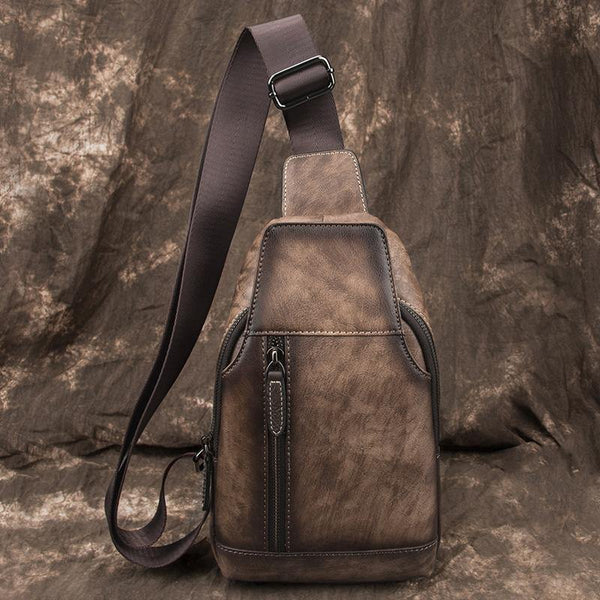 Brown Cool LEATHER MENS 8 inches Tan Sling Bag One Shoulder Backpack Blue Chest Bag For Men - iwalletsmen
