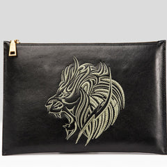 Handmade Leather Mens Clutch Cool Slim Lion Wallet Zipper Clutch Wristlet Wallet for Men