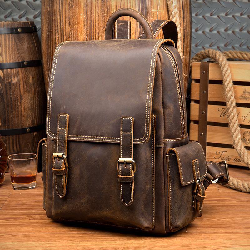 Casual Brown Mens Leather 14-inch Computer Backpacks Brown Travel Backpacks School Backpack for men - iwalletsmen