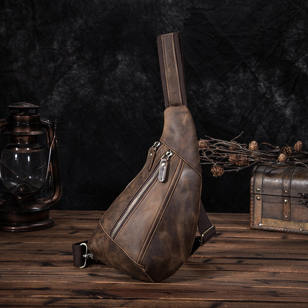 Badass Dark Brown Leather Men's Sling Bag 8-inches Chest Bag Vintage One shoulder Backpack For Men - iwalletsmen