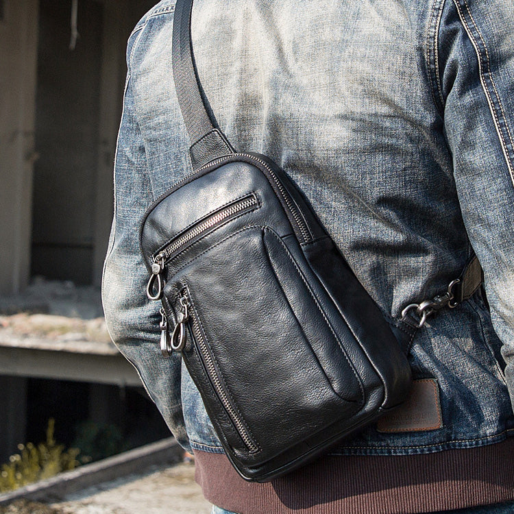 Black Casual Leather Mens 8 inches Sling Bag Chest Bag Black One Shoulder Backpack Phone Bag for Men - iwalletsmen