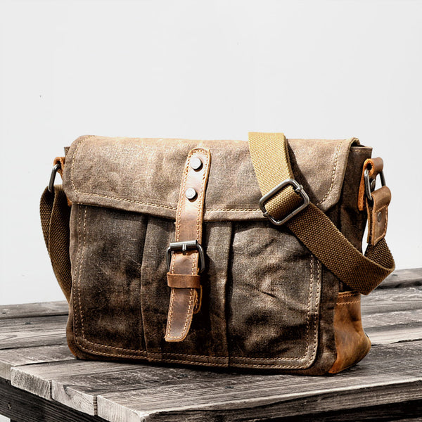Cool Waxed Canvas Leather Mens Casual Green Gray Motorcycle Side Bag Messenger Bag Backpack For Men - iwalletsmen