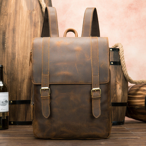 Vintage Brown Leather Men's 14inch Laptop Backpack College Backpack For Men - iwalletsmen