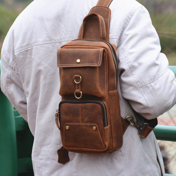 Cool Brown Leather Men's Sling Bag Chest Bag Brown One Shoulder Backpack For Men - iwalletsmen