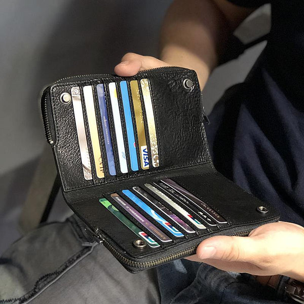 Handmade Black Leather Mens Bifold Long Wallet Brown Multifunction Wallet Phone Wallet Card Holder Clutch Men - iwalletsmen