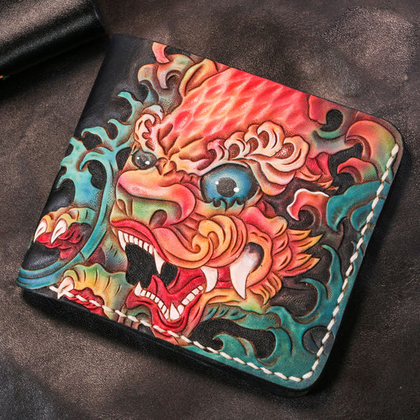 Handmade Leather Chinese Lion Tooled Mens billfold Wallet Cool Leather Wallet Slim Wallet for Men