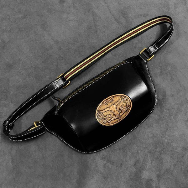 Fashion Black Genuine Leather Biker Fanny Pack Biker Waist Bag Motorcycle Hip Bag For Men - iwalletsmen