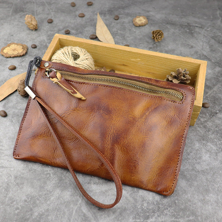 Retro Soft Leather Brown Men's Business Black Clutch Bag Purse Large Red Wristlet Bag For Men - iwalletsmen