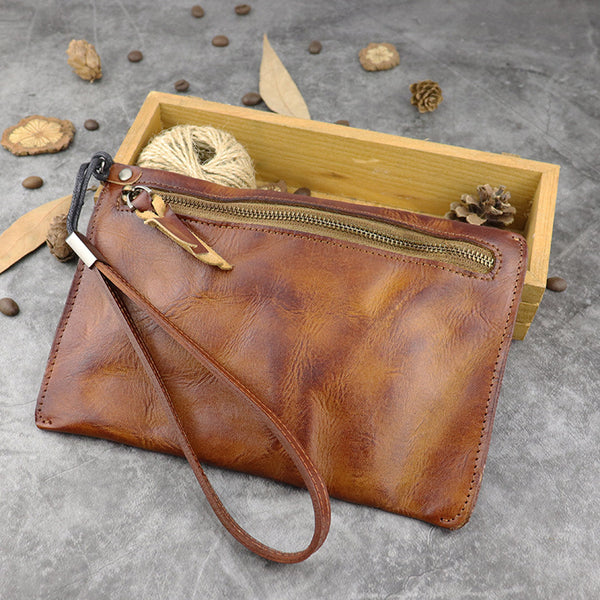 Retro Soft Leather Brown Men's Business Black Clutch Bag Purse Large Red Wristlet Bag For Men - iwalletsmen