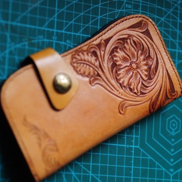 Handmade Mens Tooled Floral Leather Long Biker Wallet Cool Long Chain Wallet for Men - iwalletsmen