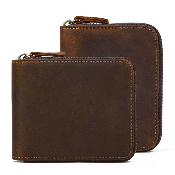 Brown Zip Leather Billfold Wallet for Men Bifold Wallet Vertical Zip Leather Small Wallet For Men - iwalletsmen